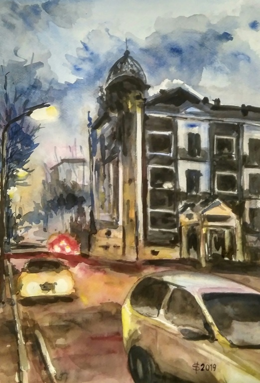 Ostrava, město, svítání, Hotel Polský Dům, karajina, akvarel