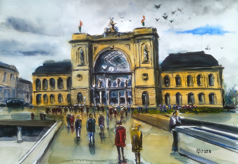 Město, Budapešť,Budapest, Východní nádraží,Budapest-Keleti pályaudvar, akvarel, waterpainting